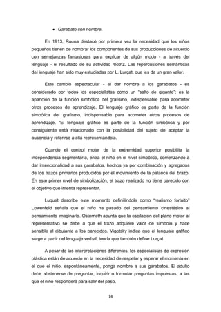 14
• Garabato con nombre.
En 1913, Rouna destacó por primera vez la necesidad que los niños
pequeños tienen de nombrar los componentes de sus producciones de acuerdo
con semejanzas fantasiosas para explicar de algún modo - a través del
lenguaje - el resultado de su actividad motriz. Las repercusiones semánticas
del lenguaje han sido muy estudiadas por L. Lurçat, que les da un gran valor.
Este cambio espectacular - el dar nombre a los garabatos - es
considerado por todos los especialistas como un “salto de gigante”: es la
aparición de la función simbólica del grafismo, indispensable para acometer
otros procesos de aprendizaje. El lenguaje gráfico es parte de la función
simbólica del grafismo, indispensable para acometer otros procesos de
aprendizaje. “El lenguaje gráfico es parte de la función simbólica y por
consiguiente está relacionado con la posibilidad del sujeto de aceptar la
ausencia y referirse a ella representándola.
Cuando el control motor de la extremidad superior posibilita la
independencia segmentaría, entra el niño en el nivel simbólico, comenzando a
dar intencionalidad a sus garabatos, hechos ya por combinación y agregados
de los trazos primarios producidos por el movimiento de la palanca del brazo.
En este primer nivel de simbolización, el trazo realizado no tiene parecido con
el objetivo que intenta representar.
Luquet describe este momento definiéndole como “realismo fortuito”
Lowenfeld señala que el niño ha pasado del pensamiento cinestésico al
pensamiento imaginario. Osterrieth apunta que la oscilación del plano motor al
representativo se debe a que el trazo adquiere valor de símbolo y hace
sensible al dibujante a los parecidos. Vigotsky indica que el lenguaje gráfico
surge a partir del lenguaje verbal, teoría que también define Lurçat.
A pesar de las interpretaciones diferentes, los especialistas de expresión
plástica están de acuerdo en la necesidad de respetar y esperar el momento en
el que el niño, espontáneamente, ponga nombre a sus garabatos. El adulto
debe abstenerse de preguntar, inquirir o formular preguntas impuestas, a las
que el niño responderá para salir del paso.
 