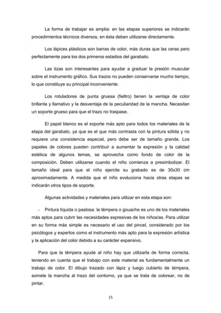 15
La forma de trabajar es amplia: en las etapas superiores se indicarán
procedimientos técnicos diversos, en ésta deben utilizarse directamente.
Los lápices plásticos son barras de color, más duras que las ceras pero
perfectamente para los dos primeros estadios del garabato.
Las tizas son interesantes para ayudar a graduar la presión muscular
sobre el instrumento gráfico. Sus trazos no pueden conservarse mucho tiempo,
lo que constituye su principal inconveniente.
Los rotuladores de punta gruesa (fieltro) tienen la ventaja de color
brillante y llamativo y la desventaja de la peculiaridad de la mancha. Necesitan
un soporte grueso para que el trazo no traspase.
El papel blanco es el soporte más apto para todos los materiales de la
etapa del garabato, ya que es el que más contrasta con la pintura sólida y no
requiere una consistencia especial, pero debe ser de tamaño grande. Los
papeles de colores pueden contribuir a aumentar la expresión y la calidad
estética de algunos temas, se aprovecha como fondo de color de la
composición. Deben utilizarse cuando el niño comienza a presimbolizar. El
tamaño ideal para que el niño ejercite su grabado es de 30x30 cm
aproximadamente. A medida que el niño evoluciona hacia otras etapas se
indicarán otros tipos de soporte.
Algunas actividades y materiales para utilizar en esta etapa son:
- Pintura líquida o pastosa: la témpera o gouache es uno de los materiales
más aptos para cubrir las necesidades expresivas de los niños/as. Para utilizar
en su forma más simple es necesario el uso del pincel, considerado por los
psicólogos y expertos como el instrumento más apto para la expresión artística
y la aplicación del color debido a su carácter expansivo.
Para que la témpera ayude al niño hay que utilizarla de forma correcta,
teniendo en cuenta que el trabajo con este material es fundamentalmente un
trabajo de color. El dibujo trazado con lápiz y luego cubierto de témpera,
somete la mancha al trazo del contorno, ya que se trata de colorear, no de
pintar.
 