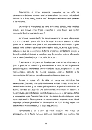 18
Resumiendo, el primer esquema reconocible de un niño es
generalmente la figura humana, que los especialistas denominan utilizando el
término de J. Sully “monigote renacuajo”. Este primer esquema suele aparecer
a los tres años.
En principio a nivel gráfico, se limita a una línea cerrada, más o menos
circular que incluye otras líneas pequeñas y unos trazos que suelen
representar los brazos y las piernas. E
sta primera representación del esquema corporal no suele relacionarse
con el conocimiento que el niño tiene de su propio cuerpo, sino con aquellas
partes de su anatomía que para él son verdaderamente importantes: la gran
cabeza como centra de estímulos (el niño come, hable, ve, huele, oye y piensa,
actividades que se concentran en la forma circular que simboliza la cabeza) y
las extremidades inferiores y superiores que le permiten explorar el espacio
que le rodea (con ellas juega, corre, salta, toca, etc.).
El esquema o ideograma va fijándose por la repetición sistemática, y
poco a poco se va alterando y enriqueciendo a partir de una experiencia
perceptiva (ya sea interiorizada a nivel vivencial o visual), sin pretender ser una
representación correcta del modelo supuesto. Aparece también a la
representación del cuerpo, marcado generalmente por un trazo oval.
Durante el quince año de vida, los trazos que simbolizan las
extremidades (piernas y brazos de alambre) se vuelven dobles. Aparecen los
detalles bien situados y las líneas que representan el pelo se transforman en
bucles, cicloides, etc., signo de una atención más adecuada en los detalles. A
los primitivos ojos simbolizados en símbolos pequeños, se le agregan pestañas
y pocas veces cejas. Aparecen las manos y los dedos, los pies botones y otros
adornos de vestido. El monigote se ha transformado en un preesquema; faltará
algún tipo para que geometrice las formas (entre los 6 y 7 años) y llegue, con
esta forma de representación, a la etapa esquemática.
Normalmente a los 5 años de edad, cualquier niño realiza un
preesquema de la figura humana fácilmente reconocible, que contiene los
 
