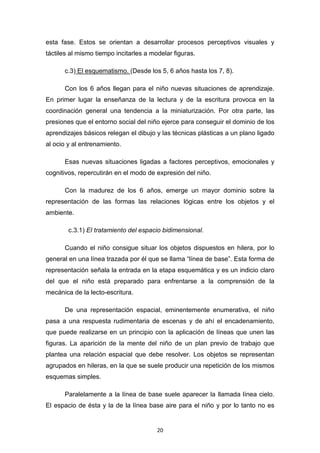 20
esta fase. Estos se orientan a desarrollar procesos perceptivos visuales y
táctiles al mismo tiempo incitarles a modelar figuras.
c.3) El esquematismo. (Desde los 5, 6 años hasta los 7, 8).
Con los 6 años llegan para el niño nuevas situaciones de aprendizaje.
En primer lugar la enseñanza de la lectura y de la escritura provoca en la
coordinación general una tendencia a la miniaturización. Por otra parte, las
presiones que el entorno social del niño ejerce para conseguir el dominio de los
aprendizajes básicos relegan el dibujo y las técnicas plásticas a un plano ligado
al ocio y al entrenamiento.
Esas nuevas situaciones ligadas a factores perceptivos, emocionales y
cognitivos, repercutirán en el modo de expresión del niño.
Con la madurez de los 6 años, emerge un mayor dominio sobre la
representación de las formas las relaciones lógicas entre los objetos y el
ambiente.
c.3.1) El tratamiento del espacio bidimensional.
Cuando el niño consigue situar los objetos dispuestos en hilera, por lo
general en una línea trazada por él que se llama “línea de base”. Esta forma de
representación señala la entrada en la etapa esquemática y es un indicio claro
del que el niño está preparado para enfrentarse a la comprensión de la
mecánica de la lecto-escritura.
De una representación espacial, eminentemente enumerativa, el niño
pasa a una respuesta rudimentaria de escenas y de ahí el encadenamiento,
que puede realizarse en un principio con la aplicación de líneas que unen las
figuras. La aparición de la mente del niño de un plan previo de trabajo que
plantea una relación espacial que debe resolver. Los objetos se representan
agrupados en hileras, en la que se suele producir una repetición de los mismos
esquemas simples.
Paralelamente a la línea de base suele aparecer la llamada línea cielo.
El espacio de ésta y la de la línea base aire para el niño y por lo tanto no es
 