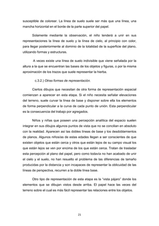 21
susceptible de colorear. La línea de suelo suele ser más que una línea, una
mancha horizontal en el borde de la parte superior del papel.
Solamente mediante la observación, el niño tenderá a unir en sus
representaciones la línea de suelo y la línea de cielo, al principio con color,
para llegar posteriormente al dominio de la totalidad de la superficie del plano,
utilizando formas y estructuras.
A veces existe una línea de suelo indivisible que viene señalada por la
altura a la que se encuentran las bases de los objetos y figuras, o por la misma
aproximación de los trazos que suele representar la hierba.
c.3.2.) Otras formas de representación.
Ciertos dibujos que necesitan de otra forma de representación espacial
comienzan a aparecer en esta etapa. Si el niño necesita señalar elevaciones
del terreno, suele curvar la línea de base y disponer sobre ella los elementos
de forma perpendicular a la curva de cada punto de unión. Esta perpendicular
es la consecuencia del trabajo por agregados.
Niños y niñas que poseen una percepción analítica del espacio suelen
integrar en sus dibujos algunos puntos de vista que no se concilian en absoluto
con la realidad. Aparecen así las dobles líneas de base y los desdoblamientos
de planos. Algunos niños/as de estas edades llegan a ser conscientes de que
existen objetos que están cerca y otros que están lejos de su campo visual los
que están lejos se ven por encima de los que están cerca. Tratan de trasladar
esta percepción al plano del papel, pero como todavía no han acabado de unir
el cielo y el suelo, no han resuelto el problema de las diferencias de tamaño
producidas por la distancia y son incapaces de representar la oblicuidad de las
líneas de perspectiva, recurren a la doble línea base.
Otro tipo de representación de esta etapa es la “vista pájaro” donde los
elementos que se dibujan vistos desde arriba. El papel hace las veces del
terreno sobre el cual es más fácil representar las relaciones entre los objetos.
 
