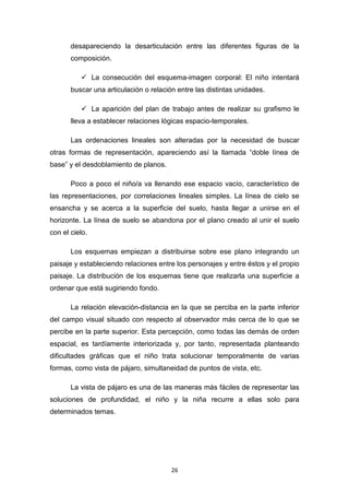 26
desapareciendo la desarticulación entre las diferentes figuras de la
composición.
La consecución del esquema-imagen corporal: El niño intentará
buscar una articulación o relación entre las distintas unidades.
La aparición del plan de trabajo antes de realizar su grafismo le
lleva a establecer relaciones lógicas espacio-temporales.
Las ordenaciones lineales son alteradas por la necesidad de buscar
otras formas de representación, apareciendo así la llamada “doble línea de
base” y el desdoblamiento de planos.
Poco a poco el niño/a va llenando ese espacio vacío, característico de
las representaciones, por correlaciones lineales simples. La línea de cielo se
ensancha y se acerca a la superficie del suelo, hasta llegar a unirse en el
horizonte. La línea de suelo se abandona por el plano creado al unir el suelo
con el cielo.
Los esquemas empiezan a distribuirse sobre ese plano integrando un
paisaje y estableciendo relaciones entre los personajes y entre éstos y el propio
paisaje. La distribución de los esquemas tiene que realizarla una superficie a
ordenar que está sugiriendo fondo.
La relación elevación-distancia en la que se perciba en la parte inferior
del campo visual situado con respecto al observador más cerca de lo que se
percibe en la parte superior. Esta percepción, como todas las demás de orden
espacial, es tardíamente interiorizada y, por tanto, representada planteando
dificultades gráficas que el niño trata solucionar temporalmente de varias
formas, como vista de pájaro, simultaneidad de puntos de vista, etc.
La vista de pájaro es una de las maneras más fáciles de representar las
soluciones de profundidad, el niño y la niña recurre a ellas solo para
determinados temas.
 