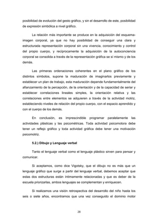 28
posibilidad de evolución del gesto gráfico, y sin el desarrollo de este, posibilidad
de expresión simbólica a nivel gráfico.
La relación más importante se produce en la adquisición del esquema-
imagen corporal, ya que no hay posibilidad de conseguir una clara y
estructurada representación corporal sin una vivencia, conocimiento y control
del propio cuerpo, y recíprocamente la adquisición de la autoconciencia
corporal se consolida a través de la representación gráfica se sí mismo y de los
demás.
Las primeras ordenaciones coherentes en el plano gráfico de los
distintos símbolos, supone la maduración de imaginarlos previamente y
establecer un plan de trabajo, esta maduración depende fundamentalmente del
afianzamiento de la percepción, de la orientación y de la capacidad de seriar y
establecer correlaciones lineales simples, la orientación relativa y las
correlaciones entre elementos se adquieren a través de la actividad motriz,
estableciendo niveles de relación del propio cuerpo, con el espacio aprendido y
con el cuerpo de los demás.
En conclusión, es imprescindible programar paralelamente las
actividades plásticas y las psicométricas. Toda actividad psicomotora debe
tener un reflejo gráfico y toda actividad gráfica debe tener una motivación
psicomotriz.
5.2.) Dibujo y Lenguaje verbal
Tanto el lenguaje verbal como el lenguaje plástico sirven para pensar y
comunicar.
Si aceptamos, como dice Vigotsky, que el dibujo no es más que un
lenguaje gráfico que surge a partir del lenguaje verbal, debemos aceptar que
estas dos estructuras están íntimamente relacionadas y que es deber de la
escuela priorizarlas, ambos lenguajes se complementan y enriquecen.
Si realizamos una visión retrospectiva del desarrollo del niño hasta los
seis o siete años, encontramos que una vez conseguido el dominio motor
 