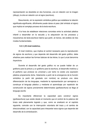 32
representación se desdobla en dos funciones, una en relación con la imagen
(dibujo), la otra en relación con el signo (escritura).
Resumiendo, sin la expresión simbólica gráfica que establece la relación
significado-significante, difícilmente puede darse el paso (del símbolo al signo)
que implica el complejo proceso de la lecto-escritura.
A la hora de establecer relaciones concretas entre la actividad plástica
infantil a desarrollar en la escuela y la adquisición de los procesos y
mecanismos de lecto-escritura habría que partir, al menos, del análisis de tres
niveles fundamentales.
5.3.1.) El nivel motórico.
Al nivel motórico, que implica el control necesario para la reproducción
de signos de escritura y que depende del desarrollo del gesto gráfico, debe
añadirse para realizar las formas básicas de las letras, lo que Lurcat denomina
trayectoria.
Durante el desarrollo del gesto gráfico no se puede hablar de un
grafismo para la pintura y un grafismo para la escritura, el desarrollo motórico y
el grafismo que produce es universal y por tanto no existe una expresión
plástica propiamente dicha. Solamente a partir de la emergencia de la función
simbólica (a partir del garabato con nombre) se produce una clara
diferenciación de los lenguajes, mediante la representación por semejanza s
construye el lenguaje plástico y mediante el aprendizaje por repetición de
construcción de signos previamente determinados (grafoescritura) se llega al
lenguaje escrito
Es importante diferenciar la capacidad para construir signos
(grafoescritura) que existe desde el momento que el control de la palanca del
brazo está plenamente logrado y que, como se analizará en el capítulo
siguiente, coincide con la interrupción voluntaria del trazo y el cambio de
direccionalidad, con la capacidad para interpretar esos signos que depende del
desarrollo de la simbolización.
 