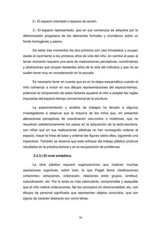 34
2.- El espacio orientado o espacio de acción.
3.- El espacio representado, que en sus comienzos se adquiere por la
diferenciación progresiva de los elementos formales y cromáticos sobre un
fondo homogéneo y pasivo.
De estos tres momentos los dos primeros son casi inmediatos y ocupan
desde el nacimiento a los primeros años de vida del niño, en cambio el paso al
tercer momento requiere una serie de maduraciones perceptivas, coordinativas
y abstractivas que ocupan bastantes años de la vida del individuo y que no se
suelen tener muy en consideración en la escuela.
Es necesario tener en cuenta que es en la etapa esquemática cuando el
niño comienza a incluir en sus dibujos representaciones del espacio-tiempo,
potenciar la comprensión de estos factores ayudará al niño a aceptar las reglas
impuestas del espacio-tiempo convencional de la escritura.
La experimentación y análisis de trabajos ha llevado a algunos
investigadores a observar que la mayoría de los niños que, sin presentar
alteraciones perceptivas de coordinación viso-motriz o motóricas, que no
resuelvan satisfactoriamente los pasos en la adquisición de la lecto-escritura,
son niños que en sus realizaciones plásticas no han conseguido ordenar el
espacio, trazar la línea de base y ordenar las figuras sobre ellas, siguiendo una
trayectoria. También se observa que este enfoque del trabajo plástico produce
resultados en la práctica lectora y en la recuperación de problemas.
5.3.3.) El nivel simbólico.
La obra plástica requiere organizaciones que implican muchas
operaciones cognitivas, sobre todo, lo que Piaget llama clasificaciones
coherentes: seriaciones, ordenación, relaciones entre grupos, similitud,
subordinación, etc. Por lo tanto es más estimulante, comprensible y asequible
que el niño realice ordenaciones, fije los conceptos en direccionalidad, etc. con
dibujos de personal significado que representan objetos conocidos, que con
signos de carácter abstracto son como letras.
 