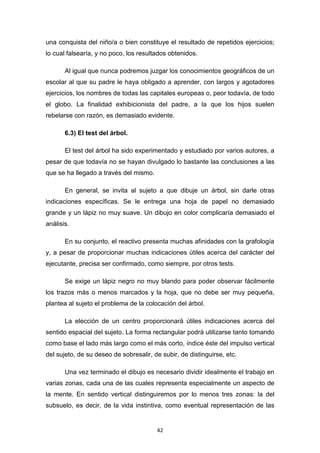 42
una conquista del niño/a o bien constituye el resultado de repetidos ejercicios;
lo cual falsearía, y no poco, los resultados obtenidos.
Al igual que nunca podremos juzgar los conocimientos geográficos de un
escolar al que su padre le haya obligado a aprender, con largos y agotadores
ejercicios, los nombres de todas las capitales europeas o, peor todavía, de todo
el globo. La finalidad exhibicionista del padre, a la que los hijos suelen
rebelarse con razón, es demasiado evidente.
6.3) El test del árbol.
El test del árbol ha sido experimentado y estudiado por varios autores, a
pesar de que todavía no se hayan divulgado lo bastante las conclusiones a las
que se ha llegado a través del mismo.
En general, se invita al sujeto a que dibuje un árbol, sin darle otras
indicaciones específicas. Se le entrega una hoja de papel no demasiado
grande y un lápiz no muy suave. Un dibujo en color complicaría demasiado el
análisis.
En su conjunto, el reactivo presenta muchas afinidades con la grafología
y, a pesar de proporcionar muchas indicaciones útiles acerca del carácter del
ejecutante, precisa ser confirmado, como siempre, por otros tests.
Se exige un lápiz negro no muy blando para poder observar fácilmente
los trazos más o menos marcados y la hoja, que no debe ser muy pequeña,
plantea al sujeto el problema de la colocación del árbol.
La elección de un centro proporcionará útiles indicaciones acerca del
sentido espacial del sujeto. La forma rectangular podrá utilizarse tanto tomando
como base el lado más largo como el más corto, índice éste del impulso vertical
del sujeto, de su deseo de sobresalir, de subir, de distinguirse, etc.
Una vez terminado el dibujo es necesario dividir idealmente el trabajo en
varias zonas, cada una de las cuales representa especialmente un aspecto de
la mente. En sentido vertical distinguiremos por lo menos tres zonas: la del
subsuelo, es decir, de la vida instintiva, como eventual representación de las
 