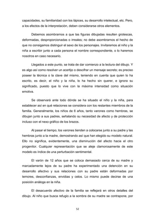 52
capacidades, su familiaridad con los lápices, su desarrollo intelectual, etc. Pero,
a los efectos de la interpretación, deben considerarse otros elementos.
Debemos asombrarnos a que las figuras dibujadas resulten grotescas,
deformadas, desproporcionadas o irreales; no debe asombrarnos el hecho de
que no consigamos distinguir el sexo de los personajes. Invitaremos al niño y la
niña a escribir junto a cada persona el nombre correspondiente, o lo haremos
nosotros en caso necesario.
Llegados a este punto, se trata de dar comienzo a la lectura del dibujo. Y
es algo así como resolver un acertijo o descifrar un mensaje secreto; es preciso
poseer la técnica o la clave del mismo, teniendo en cuenta que quien lo ha
escrito, es decir, el niño y la niña, lo ha hecho sin querer, e ignora su
significado, puesto que lo vive con la máxima intensidad como situación
emotiva.
Se observará ante todo dónde se ha situado el niño y la niña, para
establecer así en qué relaciones se considera con los restantes miembros de la
familia. Generalmente, los niños de 6 años, tanto varones como hembras, se
dibujan junto a sus padres, señalando su necesidad de afecto y de protección
incluso con el nexo gráfico de los brazos.
Al pasar el tiempo, los varones tienden a colocarse junto a su padre y las
hembras junto a la madre, demostrando así que han elegido su modelo natural.
Ello no significa, evidentemente, una disminución del afecto hacia el otro
progenitor. Cualquier representación que se aleje clamorosamente de este
modelo es índice de una perturbación sentimental.
El varón de 12 años que se coloca demasiado cerca de su madre y
marcadamente lejos de su padre ha experimentado una detención en su
desarrollo afectivo y sus relaciones con su padre están deformadas por
temores, desconfianzas, envidias y celos. Lo mismo puede decirse de una
posición análoga en la niña.
El desacuerdo afectivo de la familia se reflejará en otros detalles del
dibujo. Al niño que busca refugio a la sombra de su madre se contrapone, por
 