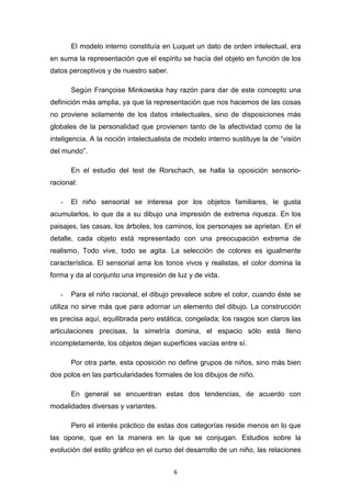 6
El modelo interno constituía en Luquet un dato de orden intelectual, era
en suma la representación que el espíritu se hacía del objeto en función de los
datos perceptivos y de nuestro saber.
Según Françoise Minkowska hay razón para dar de este concepto una
definición más amplia, ya que la representación que nos hacemos de las cosas
no proviene solamente de los datos intelectuales, sino de disposiciones más
globales de la personalidad que provienen tanto de la afectividad como de la
inteligencia. A la noción intelectualista de modelo interno sustituye la de “visión
del mundo”.
En el estudio del test de Rorschach, se halla la oposición sensorio-
racional:
- El niño sensorial se interesa por los objetos familiares, le gusta
acumularlos, lo que da a su dibujo una impresión de extrema riqueza. En los
paisajes, las casas, los árboles, los caminos, los personajes se aprietan. En el
detalle, cada objeto está representado con una preocupación extrema de
realismo. Todo vive, todo se agita. La selección de colores es igualmente
característica. El sensorial ama los tonos vivos y realistas, el color domina la
forma y da al conjunto una impresión de luz y de vida.
- Para el niño racional, el dibujo prevalece sobre el color, cuando éste se
utiliza no sirve más que para adornar un elemento del dibujo. La construcción
es precisa aquí, equilibrada pero estática, congelada; los rasgos son claros las
articulaciones precisas, la simetría domina, el espacio sólo está lleno
incompletamente, los objetos dejan superficies vacías entre sí.
Por otra parte, esta oposición no define grupos de niños, sino más bien
dos polos en las particularidades formales de los dibujos de niño.
En general se encuentran estas dos tendencias, de acuerdo con
modalidades diversas y variantes.
Pero el interés práctico de estas dos categorías reside menos en lo que
las opone, que en la manera en la que se conjugan. Estudios sobre la
evolución del estilo gráfico en el curso del desarrollo de un niño, las relaciones
 