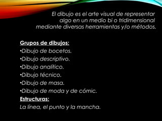 El dibujo es el arte visual de representar
algo en un medio bi o tridimensional
mediante diversas herramientas y/o métodos.
Grupos de dibujos:Grupos de dibujos:
•Dibujo de bocetos.
•Dibujo descriptivo.
•Dibujo analítico.
•Dibujo técnico.
•Dibujo de masa.
•Dibujo de moda y de cómic.
Estructuras:Estructuras:
La línea, el punto y la mancha.
 