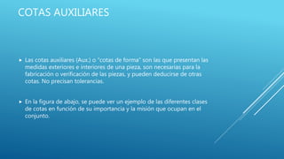 COTAS AUXILIARES
 Las cotas auxiliares (Aux.) o “cotas de forma” son las que presentan las
medidas exteriores e interiores de una pieza, son necesarias para la
fabricación o verificación de las piezas, y pueden deducirse de otras
cotas. No precisan tolerancias.
 En la figura de abajo, se puede ver un ejemplo de las diferentes clases
de cotas en función de su importancia y la misión que ocupan en el
conjunto.
 