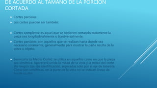 DE ACUERDO AL TAMAÑO DE LA PORCIÓN
CORTADA
 Cortes parciales
 Los cortes pueden ser también:
 Cortes completos: es aquel que se obtienen cortando totalmente la
pieza sea longitudinalmente o transversalmente.
 Cortes parciales: son aquellos que se realizan hasta donde sea
necesario solamente, generalmente para mostrar la parte oculta de la
pieza u objeto.
 Semicorte (o Medio Corte): se utiliza en aquellos casos en que la pieza
sea simétrica. Aparecerá unida la mitad de la vista y la mitad del corte
sin ningún tipo de identificación, separadas solo por el eje de simetría.
Como son simétricas, en la parte de la vista no se indican líneas de
borde oculto.
 