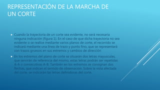REPRESENTACIÓN DE LA MARCHA DE
UN CORTE
 Cuando la trayectoria de un corte sea evidente, no será necesaria
ninguna indicación (figura 1). En el caso de que dicha trayectoria no sea
evidente o se realice mediante varios planos de corte, el recorrido se
indicará mediante una línea de trazo y punto fino, que se representará
con trazos gruesos en sus extremos y cambios de dirección
 En los extremos del plano de corte se situarán dos letras mayusculas,
que servirán de referencia del mismo, estas letras podrán ser repetidas
A-A o consecutivas A-B. También en los extremos se consignan dos
flechas, que indican el sentido de observación. Sobre la vista afectada
del corte, se indicarán las letras definidoras del corte.
 