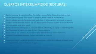 CUERPOS INTERRUMPIDOS (ROTURAS).
 Sección redonda. Se trazará una línea fina hecha a mano alzada, dibujando un lazo en cada
 sección, de forma que la zona rayada se señale en ambas partes de la línea de eje.
 Sección tubular redonda. Se representará basándose en el caso anterior y teniendo en cuenta
 que para la indicación del agujero, hay que dibujar otros dos lazos, rayando la sección formada
 tal como puede verse en la figura.
 Madera en sección rectangular. Se trazará la línea de rotura fina y en zigzag un tanto exagerada.
 Perfil laminado. Se trazará con línea de trazo y punto estrecha.
 Piezas cónicas. Los extremos de una misma línea deberán tener la misma inclinación.
 Interrupción de piezas montadas. Se hará por medio de líneas de
 eje.
 Interrupción larga. Para piezas grandes, se representa por medio de dos líneas rectas en zigzag
 en cada extremo, como se indica en la figura.
 