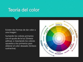 Teoría del color
Existen dos formas de dar color a
una imagen:
Sumando los colores primarios
con el ayuda de la luz (Síntesis
aditiva); o mezclando los colores
opuestos a los primarios para
obtener el color deseado (Síntesis
sustractiva).
 