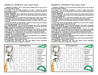 HERRAMIENTAS E INSTRUMENTOS PARA EL DIBUJO TÉCNICO
1. TABLERO DE DIBUJO: Es un instrumento de dibujo sobre el que se fija el
papel para realizar el dibujo.
2. La regla T: Es una regla semejante a la letra T. Posee dos brazos
perpendiculares entre sí. Se emplea para trazar líneas paralelas horizontales en
forma rápida y precisa.
3. REGLA GRADUADA: Es un instrumento para medir y trazar líneas rectas, su
forma es rectangular, plana y tiene en sus bordes grabaciones de decímetros,
centímetros y milímetros.
4. LAS ESCUADRAS: Es un instrumento empleado para medir y trazar líneas
horizontales, verticales, inclinadas. Se conocen dos clases de escuadras:
– La de 45º que tiene forma de triángulo isósceles con ángulo de 90º y los otros
dos de 45º.
– La escuadra de 60º llamada también cartabón que tiene forma de triángulo
escaleno, cuyos ángulos miden 90º, 30º y 60º.
5. EL TRANSPORTADOR: Es un instrumento utilizado para medir o transportar
ángulos. Son hechos de plástico y hay de dos tipos: en forma de semicírculo
dividido en 180º y en forma de círculo completo de 360º
6. ESCALÍMETRO: Los escalímetros son instrumentos de medición, semejantes
a una regla, más utilizado es el de forma triangular; tiene, generalmente, una
longitud de 30 cms., consta de tres caras y en cada cara posee dos escalas.
7. EL COMPÁS: Es un instrumento de precisión que se emplea para trazar arcos,
circunferencias y transportar medidas.
8. LÁPICES: Son elementos formados por una mina de grafito y una envoltura de
madera. Se clasifican por letras y números.
9. CURVIGRAFOS: Recurso que sirve para trazar curvas,estando estas definidas
sobre sus bordes o bien formando huecos.
10. PLANTILLAS. Instrumento que usan para dibujar formas estándares
cuadrados, hexagonales, triangulares y elípticos.
HERRAMIENTAS E INSTRUMENTOS PARA EL DIBUJO TÉCNICO
1. TABLERO DE DIBUJO: Es un instrumento de dibujo sobre el que se fija el
papel para realizar el dibujo.
2. La regla T: Es una regla semejante a la letra T. Posee dos brazos
perpendiculares entre sí. Se emplea para trazar líneas paralelas horizontales en
forma rápida y precisa.
3. REGLA GRADUADA: Es un instrumento para medir y trazar líneas rectas, su
forma es rectangular, plana y tiene en sus bordes grabaciones de decímetros,
centímetros y milímetros.
4. LAS ESCUADRAS: Es un instrumento empleado para medir y trazar líneas
horizontales, verticales, inclinadas. Se conocen dos clases de escuadras:
– La de 45º que tiene forma de triángulo isósceles con ángulo de 90º y los otros
dos de 45º.
– La escuadra de 60º llamada también cartabón que tiene forma de triángulo
escaleno, cuyos ángulos miden 90º, 30º y 60º.
5. EL TRANSPORTADOR: Es un instrumento utilizado para medir o transportar
ángulos. Son hechos de plástico y hay de dos tipos: en forma de semicírculo
dividido en 180º y en forma de círculo completo de 360º
6. ESCALÍMETRO: Los escalímetros son instrumentos de medición, semejantes
a una regla, más utilizado es el de forma triangular; tiene, generalmente, una
longitud de 30 cms., consta de tres caras y en cada cara posee dos escalas.
7. EL COMPÁS: Es un instrumento de precisión que se emplea para trazar arcos,
circunferencias y transportar medidas.
8. LÁPICES: Son elementos formados por una mina de grafito y una envoltura de
madera. Se clasifican por letras y números.
9. CURVIGRAFOS: Recurso que sirve para trazar curvas,estando estas definidas
sobre sus bordes o bien formando huecos.
10. PLANTILLAS. Instrumento que usan para dibujar formas estándares
cuadrados, hexagonales, triangulares y elípticos.
 