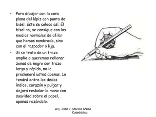 Para dibujar con la cara plana del lápiz con punta de bisel, éste se coloca así. El bisel no, se consigue con los medios normales de afilar que hemos nombrado, sino con el raspador o lija.  Si se trata de un trazo amplio o queremos rellenar zonas de negro con trazo largo y rápido, no lo presionará usted apenas. Lo tendrá entre los dedos índice, corazón y pulgar y dejará resbalar la mano con suavidad sobre el papel, apenas rozándolo. Arq. JORGE MARULANDA  Catedràtico 