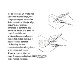 Si se trata de un trazo más cuidado y menos largo, que tenga que seguir un camino determinado, al dibujar algo pequeño, por ejemplo, entonces lo apretará más entre los dedos y la mano la tendrá también más presionada contra el papel, siendo los dedos meñique y pulgar los que estarán tocándolo y los que resbalarán sobre él siguiendo la dirección del trazo.    En este caso el lápiz se cogerá un poco más abajo que como hemos indicado. Arq. JORGE MARULANDA  Catedràtico 