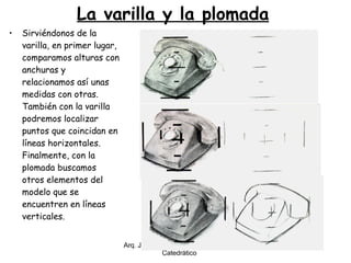La varilla y la plomada   Sirviéndonos de la varilla, en primer lugar, comparamos alturas con anchuras y relacionamos así unas medidas con otras. También con la varilla podremos localizar puntos que coincidan en líneas horizontales. Finalmente, con la plomada buscamos otros elementos del modelo que se encuentren en líneas verticales. Arq. JORGE MARULANDA  Catedràtico 