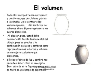 El volumen Todos los cuerpos tienen un volumen y una forma, que percibimos gracias a la sombra. De lo contrario los veríamos planos.  Sin sombrear no sabemos si una figura representa: un cuerpo plano o no.    Al dibujar, pues, usted debe dominar esta faceta fundamental del dibujo, pues es gracias a la combinación de luces y sombras como representaremos la forma y volumen de un objeto cualquiera que dibujemos. Sólo los efectos de luz y sombra nos permiten saber cómo es un objeto. En el caso de esta figura vemos que se trata de un cuerpo de superficie curva. Arq. JORGE MARULANDA  Catedràtico 
