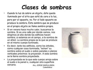 Clases de sombras Cuando la luz da sobre un objeto, éste queda iluminado por el sitio que está de cara a la luz, pero por el opuesto, no. Por el lado opuesto se produce la sombra. Esta sombra que se produce en el propio objeto se llama sombra propia. Si en verano hace mucho calor, buscamos la sombra. Si es una calle por donde vamos, nos dirigimos al sitio donde los edificios hacen sombra; si estamos en el campo, a la sombra de un árbol. La sombra propia es la que se produce en el mismo cuerpo iluminado.  Es decir, tanto los edificios, como los árboles, como cualquier cosa iluminada, "echan" su sombra sobre el suelo o sobre paredes o planos verticales próximos: la proyectan. A esta sombra se le llama sombra proyectada. La proyectada es la que este cuerpo arroja sobre el suelo o la pared o, cualquier otra superficie cercana. Arq. JORGE MARULANDA  Catedràtico 