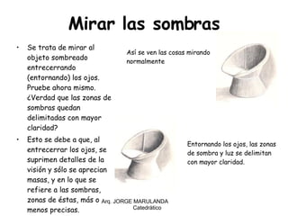 Mirar las sombras Se trata de mirar al objeto sombreado entrecerrando (entornando) los ojos. Pruebe ahora mismo. ¿Verdad que las zonas de sombras quedan delimitadas con mayor claridad? Esto se debe a que, al entrecerrar los ojos, se suprimen detalles de la visión y sólo se aprecian masas, y en lo que se refiere a las sombras, zonas de éstas, más o menos precisas.   Arq. JORGE MARULANDA  Catedràtico Así se ven las cosas mirando normalmente Entornando los ojos, las zonas de sombra y luz se delimitan con mayor claridad. 