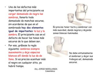 Uno de los defectos más importantes del principiante es  cargar demasiado de negro las sombras , llenarlo todo demasiado de manchas oscuras, sin acordarse de que en el sombreado  hay dos elementos igual de importantes :  la luz y la sombra . El principiante cae en el defecto de hacer los tonos más oscuros de lo que deben ser. Por eso, grábese la regla siguiente:  sombree siempre suavemente y deje espacios blancos allí donde la luz da de lleno . Si es preciso acentuar más el negro en cualquier sitio, ya habrá tiempo. Arq. JORGE MARULANDA  Catedràtico Es preciso tener tacto y sombrear con más suavidad, dando negros y dejando zonas blancas iluminadas. No debe entusiasmarse al sombrear y dejar sus trabajos así, demasiado oscuros. 