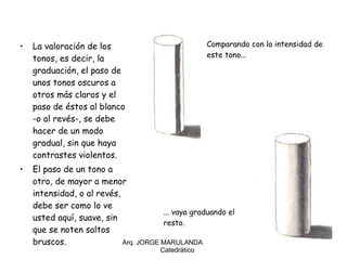 La valoración de los tonos, es decir, la graduación, el paso de unos tonos oscuros a otros más claros y el paso de éstos al blanco -o al revés-, se debe hacer de un modo gradual, sin que haya contrastes violentos. El paso de un tono a otro, de mayor a menor intensidad, o al revés, debe ser como lo ve usted aquí, suave, sin que se noten saltos bruscos. Arq. JORGE MARULANDA  Catedràtico Comparando con la intensidad de este tono... ... vaya graduando el resto. 