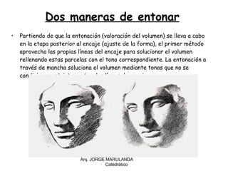 Dos maneras de entonar   Partiendo de que la entonación (valoración del volumen) se lleva a cabo en la etapa posterior al encaje (ajuste de la forma), el primer método aprovecha las propias líneas del encaje para solucionar el volumen rellenando estas parcelas con el tono correspondiente. La entonación a través de mancha soluciona el volumen mediante tonos que no se condicionan estrictamente a las líneas de encaje. Arq. JORGE MARULANDA  Catedràtico 