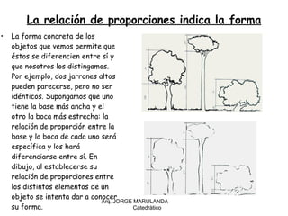 La relación de proporciones indica la forma La forma concreta de los objetos que vemos permite que éstos se diferencien entre sí y que nosotros los distingamos. Por ejemplo, dos jarrones altos pueden parecerse, pero no ser idénticos. Supongamos que uno tiene la base más ancha y el otro la boca más estrecha: la relación de proporción entre la base y la boca de cada uno será específica y los hará diferenciarse entre sí. En dibujo, al establecerse su relación de proporciones entre los distintos elementos de un objeto se intenta dar a conocer su forma.  Arq. JORGE MARULANDA  Catedràtico 