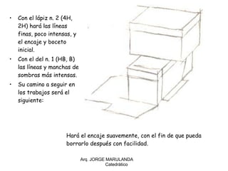 Con el lápiz n. 2 (4H, 2H) hará las líneas finas, poco intensas, y el encaje y boceto inicial.  Con el del n. 1 (HB, B) las líneas y manchas de sombras más intensas. Su camino a seguir en los trabajos será el siguiente: Arq. JORGE MARULANDA  Catedràtico Hará el encaje suavemente, con el fin de que pueda borrarlo después con facilidad.  