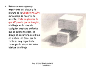 Recuerde que algo muy importante del dibujo y la pintura es la  OBSERVACIÓN,  nunca deje de hacerlo, no invente,  trate de plasmar lo que VE y no lo que se imagina , el dibujo  es la base de cualquier proyecto artístico que se quiera realizar, se dibuja en escultura, se dibuja en pintura, en todo, por lo tanto es muy importante tener por lo menos nociones básicas de dibujo. Arq. JORGE MARULANDA  Catedràtico 
