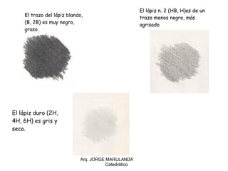 Arq. JORGE MARULANDA  Catedràtico El lápiz n. 2 (HB, H)es de un trazo menos negro, más agrisado El trazo del lápiz blando, (B, 2B) es muy negro, graso. El lápiz duro (2H, 4H, 6H) es gris y seco. 
