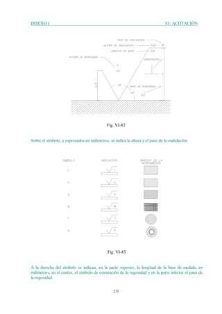 DISEÑO I VI- ACOTACIÓN
215
Fig. VI-82
Sobre el símbolo, y expresados en milímetros, se indica la altura y el paso de la ondulación.
Fig. VI-83
A la derecha del símbolo se indican, en la parte superior, la longitud de la base de medida, en
milímetros, en el centro, el símbolo de orientación de la rugosidad y en la parte inferior el paso de
la rugosidad.
 