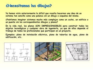 ¿Necesitamos los dibujos?

Ya hemos visto anteriormente lo difícil que resulta hacernos una idea de un
sistema tan sencillo como una palanca sin un dibujo o esquema del mismo.
¿Podríamos imaginar sistemas mucho más complejos como un coche, un edificio o
un puente sin los correspondientes dibujos y planos?
En la vida real, los planos SON IMPRESCINDIBLES para construir todos los
objetos tecnológicos y cualquier obra de ingeniería, ya que de ellos depende el
trabajo de todos los profesionales que participan en un proyecto.
Ejemplos: plano de instalación eléctrica, plano de tuberías de agua, plano de
edificación, etc.
 