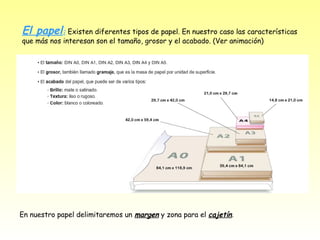 El papel: Existen diferentes tipos de papel. En nuestro caso las características
que más nos interesan son el tamaño, grosor y el acabado. (Ver animación)




En nuestro papel delimitaremos un margen y zona para el cajetín.
 