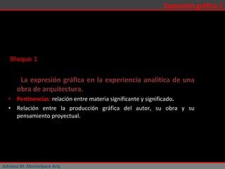 La expresión gráfica en la experiencia analítica de una obra de arquitectura.  Pertinencias :  relación entre materia significante y significado .  Relación entre la producción gráfica del autor, su obra y su pensamiento proyectual. Adriana M. Montelpare Arq. Expresión gráfica 2 Bloque 1 