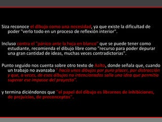 Siza reconoce  el dibujo como una necesidad , ya que existe la dificultad de poder "verlo todo en un proceso de reflexión interior".  Incluso  contra el "pánico ante la hoja en blanco"  que se puede tener como estudiante, recomienda el dibujo libre como "recurso para poder depurar una gran cantidad de ideas, muchas veces contradictorias".  Punto seguido nos cuenta sobre otro texto de  Aalto , donde señala que, cuando un trabajo no avanzaba  "  hacía unos dibujos por puro placer, por distracción y que, a veces, de esos dibujos no intencionados salía una idea que permitía superar ese impasse del proyecto”. y termina diciéndonos que  "el papel del dibujo es librarnos de inhibiciones, de prejuicios, de preconceptos". 
