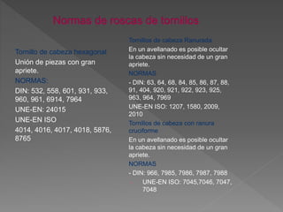 Tornillo de cabeza hexagonal
Unión de piezas con gran
apriete.
NORMAS:
DIN: 532, 558, 601, 931, 933,
960, 961, 6914, 7964
UNE-EN: 24015
UNE-EN ISO
4014, 4016, 4017, 4018, 5876,
8765
Tornillos de cabeza Ranurada
En un avellanado es posible ocultar
la cabeza sin necesidad de un gran
apriete.
NORMAS
- DIN: 63, 64, 68, 84, 85, 86, 87, 88,
91, 404, 920, 921, 922, 923, 925,
963, 964, 7969
UNE-EN ISO: 1207, 1580, 2009,
2010
Tornillos de cabeza con ranura
cruciforme
En un avellanado es posible ocultar
la cabeza sin necesidad de un gran
apriete.
NORMAS
- DIN: 966, 7985, 7986, 7987, 7988
- UNE-EN ISO: 7045,7046, 7047,
7048
 