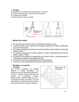 10
 Compás
El compás es un instrumento de precisión, sirve para:
a) Trazar circunferencias, arcos de circunferencia
b) Transportar medidas
c) Dividir líneas (curvas y rectas)
 Manejo del compás
1. Se comienza por marcar el centro mediante dos trazos en cruz.
2. A partir de éste punto, semide con la regla la distancia del radio, señalándolo
con una marca suave.
3. SE coloca la aguja del compás en el punto central y se abre hasta la marca que
indica el radio.
4. Se sujeta el compás por la parte superior o mango, haciéndolo girar entre los
dedos pulgar e índice..
5. Se traza la circunferencia empezando por la parte inferior y haciendo girar el
instrumeto en sentidos a las agujas del reloj.
6. Al trazar se inclina el compás ligeramente hacia delante.
7. Si la línea no es suficientemente negra se repasa el trazo.
 Plantillas y curvígrafos
 Plantillas
Son láminas delgadas de material
plástico o acero inoxidable, con
perforaciones de diferentes diámetros y
formas a medida. Estas perforaciones
pueden ser (cuadradas, círculos,
elipses, letras, símbolos eléctricos, etc.).
El trazado de ellos se realiza tan solo
siguiendo con el lápiz el contorno interior
de la perforación de la figura deseada.
 