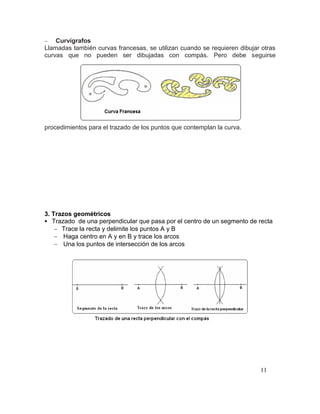 11
 Curvígrafos
Llamadas también curvas francesas, se utilizan cuando se requieren dibujar otras
curvas que no pueden ser dibujadas con compás. Pero debe seguirse
procedimientos para el trazado de los puntos que contemplan la curva.
3. Trazos geométricos
 Trazado de una perpendicular que pasa por el centro de un segmento de recta
 Trace la recta y delimite los puntos A y B
 Haga centro en A y en B y trace los arcos
 Una los puntos de intersección de los arcos
 
