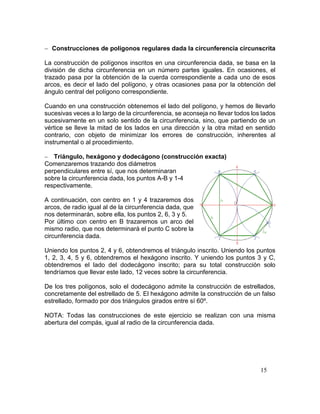 15
 Construcciones de polígonos regulares dada la circunferencia circunscrita
La construcción de polígonos inscritos en una circunferencia dada, se basa en la
división de dicha circunferencia en un número partes iguales. En ocasiones, el
trazado pasa por la obtención de la cuerda correspondiente a cada uno de esos
arcos, es decir el lado del polígono, y otras ocasiones pasa por la obtención del
ángulo central del polígono correspondiente.
Cuando en una construcción obtenemos el lado del polígono, y hemos de llevarlo
sucesivas veces a lo largo de la circunferencia, se aconseja no llevar todos los lados
sucesivamente en un solo sentido de la circunferencia, sino, que partiendo de un
vértice se lleve la mitad de los lados en una dirección y la otra mitad en sentido
contrario, con objeto de minimizar los errores de construcción, inherentes al
instrumental o al procedimiento.
 Triángulo, hexágono y dodecágono (construcción exacta)
Comenzaremos trazando dos diámetros
perpendiculares entre sí, que nos determinaran
sobre la circunferencia dada, los puntos A-B y 1-4
respectivamente.
A continuación, con centro en 1 y 4 trazaremos dos
arcos, de radio igual al de la circunferencia dada, que
nos determinarán, sobre ella, los puntos 2, 6, 3 y 5.
Por último con centro en B trazaremos un arco del
mismo radio, que nos determinará el punto C sobre la
circunferencia dada.
Uniendo los puntos 2, 4 y 6, obtendremos el triángulo inscrito. Uniendo los puntos
1, 2, 3, 4, 5 y 6, obtendremos el hexágono inscrito. Y uniendo los puntos 3 y C,
obtendremos el lado del dodecágono inscrito; para su total construcción solo
tendríamos que llevar este lado, 12 veces sobre la circunferencia.
De los tres polígonos, solo el dodecágono admite la construcción de estrellados,
concretamente del estrellado de 5. El hexágono admite la construcción de un falso
estrellado, formado por dos triángulos girados entre sí 60º.
NOTA: Todas las construcciones de este ejercicio se realizan con una misma
abertura del compás, igual al radio de la circunferencia dada.
 