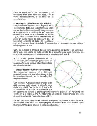 17
Para la construcción del pentágono y el
decágono, solo resta llevar los lados, 5 y 10
veces respectivamente, a lo largo de la
circunferencia.
 Heptágono (construcción aproximada)
Comenzaremos trazando una diagonal de la
circunferencia dada, que nos determinará sobre
ella puntos A y B. A continuación, con centro en
A, trazaremos el arco de radio A-O, que nos
determinará, sobre la circunferencia, los puntos
1 y C, uniendo dichos puntos obtendremos el
punto D, punto medio del radio A-O. En 1-D
habremos obtenido el lado del heptágono
inscrito. Solo resta llevar dicho lado, 7 veces sobre la circunferencia, para obtener
el heptágono buscado.
Como se indicaba al principio de este tema, partiendo del punto 1, se ha llevado
dicho lado, tres veces en cada sentido de la circunferencia, para minimizar los
errores de construcción. El heptágono tiene estrellado de 3 y de 2.
NOTA: Como puede apreciarse en la
construcción, el lado del heptágono inscrito en
una circunferencia, es igual a la mitad del lado
del triángulo inscrito.
 Eneágono (construcción aproximada)
Comenzaremos trazando dos diámetros
perpendiculares, que nos determinarán, sobre
la circunferencia dada, los puntos A-B y 1-C
respectivamente.
Con centro en A, trazaremos un arco de radio
A-O, que nos determinará, la circunferencia
dada, el punto D. Con centro en B y radio B-
D, trazaremos un arco de circunferencia, que
nos determinará el punto E, sobre la prolongación de la diagonal 1-C. Por último con
centro en E y radio E-B=E-A, trazaremos un arco de circunferencia que nos
determinará el punto F sobre la diagonal C-1.
En 1-F habremos obtenido el lado del eneágono inscrito en la circunferencia.
Procediendo como en el caso del heptágono, llevaremos dicho lado, 9 veces sobre
la circunferencia, para obtener el heptágono buscado.
 