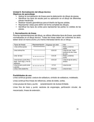 20
Unidad II. Normalización del dibujo técnico
Objetivos de aprendizaje
 Aplicar la normalización de líneas para la elaboración de dibujo de piezas.
 Identificar los tipos de escala para su aplicación en el dibujo de diferentes
piezas mecánicas.
 Realizar trazado geométricos para el diseño de figuras solidas.
 Representar vistas para definir de forma completa los dibujos.
 Identificar los tipos de cortes para representar las partes no visibles de las
piezas.
1. Normalización de líneas
Para las representaciones del dibujo, se utilizan diferentes tipos de líneas, que están
normalizadas en el dibujo técnico. Todas las líneas deben ser uniformes es decir,
beben tener el mismo ancho y la misma intensidad dentro de un dibujo.
Posibilidades de uso:
Línea continua gruesa: costura de soldadura, símbolo de soldadura, moleteado.
Línea continua fina:líneas de referencia, arista de doble, cortes.
Línea gruesa de trazo y punto: caracterización de dureza limitada.
Línea fina de trazo y punto: sectores de engranajes, perforación circular, de
mecanizado, líneas de extensión.
Tipos de líneas Representación Espesor en mm Uso
Línea continua gruesa 0.7 Aristas y contornos
visibles
Línea continua fina 0.35-0.25 Líneas de cota , líneas
auxiliares de cota, líneas
de corte
Línea de trazo 0.5-0.35 Aristas y contornos
ocultos
Línea de trazo y punto (fina y
larga) 10mm largo y 1mm de
separación
0.35-0.25 Líneas de eje de centro y
simetría
Línea de trazo y punto (corta
y gruesa)
0.7-0.5 Línea de corte
Línea a mano alzada fina 0.35-0.25 Línea de rotura
 