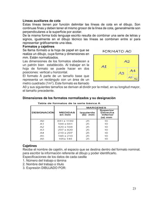 23
Líneas auxiliares de cota
Estas líneas tienen por función delimitar las líneas de cota en el dibujo. Son
continuas finas y deben tener el mismo grosor de la línea de cota, generalmente son
perpendiculares a la superficie por acotar.
De la misma forma todo lenguaje escrito resulta de combinar una serie de letras y
signos, igualmente en el dibujo técnico las líneas se combinan entre sí para
representar gráficamente una idea.
Formatos y cajetines
Se llama formato a la hoja de papel en que se
realiza un dibujo, cuya forma y dimensiones en
mm. Están normalizados.
Las dimensiones de los formatos obedecen a
un patrón bien establecido. Al trabajar en la
hoja de formato se puede hacer en dos
posiciones: vertical u horizontal.
El formato A parte de un tamaño base que
representa un rectángulo con un área de un
metro cuadrado (1m2). Este formato es llamado
A0 y sus siguientes tamaños se derivan al dividir por la mitad, en su longitud mayor,
el tamaño precedente.
Dimensiones de los formatos normalizados y su designación
Cajetines
Recibe el nombre de cajetín, el espacio que se destina dentro del formato nominal,
para escribir la información referente al dibujo y poder identificarlo.
Especificaciones de los datos de cada casilla
1. Número del trabajo o lámina
2. Nombre del trabajo o título
3. Expresión DIBUJADO POR:
 