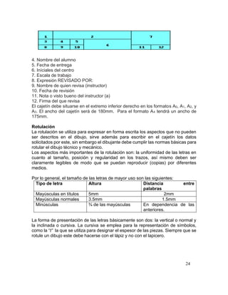 24
4. Nombre del alumno
5. Fecha de entrega
6. Iníciales del centro
7. Escala de trabajo
8. Expresión REVISADO POR:
9. Nombre de quien revisa (instructor)
10. Fecha de revisión
11. Nota o visto bueno del instructor (a)
12. Firma del que revisa
El cajetín debe situarse en el extremo inferior derecho en los formatos A0, A1, A2, y
A3. El ancho del cajetín será de 180mm. Para el formato A4 tendrá un ancho de
175mm.
Rotulación
La rotulación se utiliza para expresar en forma escrita los aspectos que no pueden
ser descritos en el dibujo, sirve además para escribir en el cajetín los datos
solicitados por este, sin embargo el dibujante debe cumplir las normas básicas para
rotular el dibujo técnico y mecánico.
Los aspectos más importantes de la rotulación son: la uniformidad de las letras en
cuanto al tamaño, posición y regularidad en los trazos, así mismo deben ser
claramente legibles de modo que se puedan reproducir (copias) por diferentes
medios.
Por lo general, el tamaño de las letras de mayor uso son las siguientes:
Tipo de letra Altura Distancia entre
palabras
Mayúsculas en títulos 5mm 2mm
Mayúsculas normales 3.5mm 1.5mm
Minúsculas ¾ de las mayúsculas En dependencia de las
anteriores.
La forma de presentación de las letras básicamente son dos: la vertical o normal y
la inclinada o cursiva. La cursiva se emplea para la representación de símbolos,
como la “t” la que se utiliza para designar el espesor de las piezas. Siempre que se
rotule un dibujo este debe hacerse con el lápiz y no con el lapicero.
 