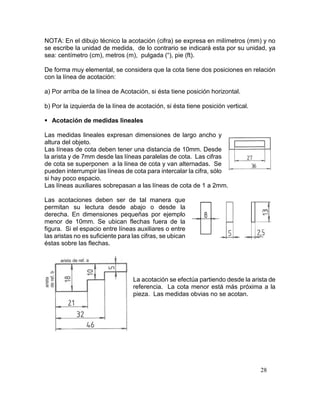 28
NOTA: En el dibujo técnico la acotación (cifra) se expresa en milímetros (mm) y no
se escribe la unidad de medida, de lo contrario se indicará esta por su unidad, ya
sea: centímetro (cm), metros (m), pulgada (“), pie (ft).
De forma muy elemental, se considera que la cota tiene dos posiciones en relación
con la línea de acotación:
a) Por arriba de la línea de Acotación, si ésta tiene posición horizontal.
b) Por la izquierda de la línea de acotación, si ésta tiene posición vertical.
 Acotación de medidas lineales
Las medidas lineales expresan dimensiones de largo ancho y
altura del objeto.
Las líneas de cota deben tener una distancia de 10mm. Desde
la arista y de 7mm desde las líneas paralelas de cota. Las cifras
de cota se superponen a la línea de cota y van alternadas. Se
pueden interrumpir las líneas de cota para intercalar la cifra, sólo
si hay poco espacio.
Las líneas auxiliares sobrepasan a las líneas de cota de 1 a 2mm.
Las acotaciones deben ser de tal manera que
permitan su lectura desde abajo o desde la
derecha. En dimensiones pequeñas por ejemplo
menor de 10mm. Se ubican flechas fuera de la
figura. Si el espacio entre líneas auxiliares o entre
las aristas no es suficiente para las cifras, se ubican
éstas sobre las flechas.
La acotación se efectúa partiendo desde la arista de
referencia. La cota menor está más próxima a la
pieza. Las medidas obvias no se acotan.
 