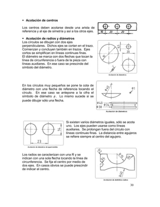 30
 Acotación de centros
Los centros deben acotarse desde una arista de
referencia y al eje de simetría y así a los otros ejes.
 Acotación de radios y diámetros
Los círculos se dibujan con dos ejes
perpendiculares. Dichos ejes se cortan en el trazo.
Comienzan y concluyen también en trazos. Ejes
cortos se simplifican en líneas continuas finas.
El diámetro se marca con dos flechas que tocan la
línea de circunferencia o fuera de la pieza con
líneas auxiliares. En ese caso se prescinde del
símbolo del diámetro.
En los círculos muy pequeños se pone la cota de
diámetro con una flecha de referencia tocando el
círculo. En ese caso se antepone a la cifra el
símbolo de diámetro  . Lo mismo sucede si se
puede dibujar sólo una flecha.
Si existen varios diámetros iguales, sólo se acota
uno. Los ejes pueden usarse como líneas
auxiliares. Se prolongan fuera del círculo con
líneas continuas finas. La distancia entre agujeros
se refiere siempre al centro del agujero.
Los radios se caracterizan con una R y se
indican con una sola flecha tocando la línea de
circunferencia. Se fija el centro por medio de
dos ejes. En casos obvios se puede prescindir
de indicar el centro.
 