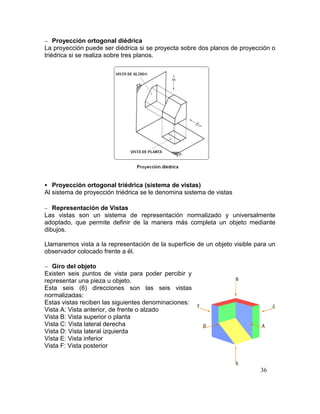 36
 Proyección ortogonal diédrica
La proyección puede ser diédrica si se proyecta sobre dos planos de proyección o
triédrica si se realiza sobre tres planos.
 Proyección ortogonal triédrica (sistema de vistas)
Al sistema de proyección triédrica se le denomina sistema de vistas
 Representación de Vistas
Las vistas son un sistema de representación normalizado y universalmente
adoptado, que permite definir de la manera más completa un objeto mediante
dibujos.
Llamaremos vista a la representación de la superficie de un objeto visible para un
observador colocado frente a él.
 Giro del objeto
Existen seis puntos de vista para poder percibir y
representar una pieza u objeto.
Esta seis (6) direcciones son las seis vistas
normalizadas:
Estas vistas reciben las siguientes denominaciones:
Vista A: Vista anterior, de frente o alzado
Vista B: Vista superior o planta
Vista C: Vista lateral derecha
Vista D: Vista lateral izquierda
Vista E: Vista inferior
Vista F: Vista posterior
 