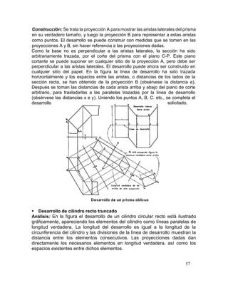 57
Construcción: Se trata la proyección A para mostrar las aristas laterales del prisma
en su verdadero tamaño, y luego la proyección B para representar a estas aristas
como puntos. El desarrollo se puede construir con medidas que se tomen en las
proyecciones A y B, sin hacer referencia a las proyecciones dadas.
Como la base no es perpendicular a las aristas laterales, la sección ha sido
arbitrariamente trazada, por el corte del prisma con el piano C-P. Este piano
cortante se puede suponer en cualquier sitio de la proyección A, pero debe ser
perpendicular a las aristas laterales. El desarrollo puede ahora ser construido en
cualquier sitio del papel. En la figura la línea de desarrollo ha sido trazada
horizontalmente y los espacios entre las aristas, o distancias de los lados de la
sección recta, se han obtenido de la proyección B (obsérvese la distancia e).
Después se toman las distancias de cada arista arriba y abajo del piano de corte
arbitrario, para trasladarlas a las paralelas trazadas por la línea de desarrollo
(obsérvese las distancias x e y). Uniendo los puntos A, B, C. etc., se completa el
desarrollo solicitado.
 Desarrollo de cilindro recto truncado
Análisis: En la figura el desarrollo de un cilindro circular recto está ilustrado
gráficamente, apareciendo los elementos del cilindro como líneas paralelas de
longitud verdadera. La longitud del desarrollo es igual a la longitud de la
circunferencia del cilindro y las divisiones de la línea de desarrollo muestran la
distancia entre los elementos consecutivos. Las proyecciones dadas dan
directamente los necesarios elementos en longitud verdadera, así como los
espacios existentes entre dichos elementos.
 