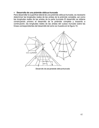 62
 Desarrollo de una pirámide oblicua truncada
Para desarrollar la superficie lateral de una pirámide oblicua truncada, es necesario
determinar las longitudes reales de las aristas de la pirámide completa, así como
las longitudes reales de las aristas de la parte truncada El desarrollo se obtiene
construyendo primero el desarrollo de la pirámide completa y trazando a
continuación, las longitudes reales de las aristas del cuerpo truncado sobre las
líneas correspondientes del desarrollo tal como se muestra en la figura 10.
 